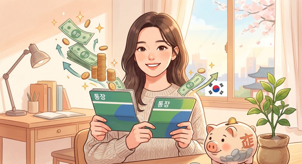 통장 두 권을 들고 웃는 여성 옆으로 지폐와 동전이 위로 날아오르고, 저금통과 화분이 놓인 일러스트