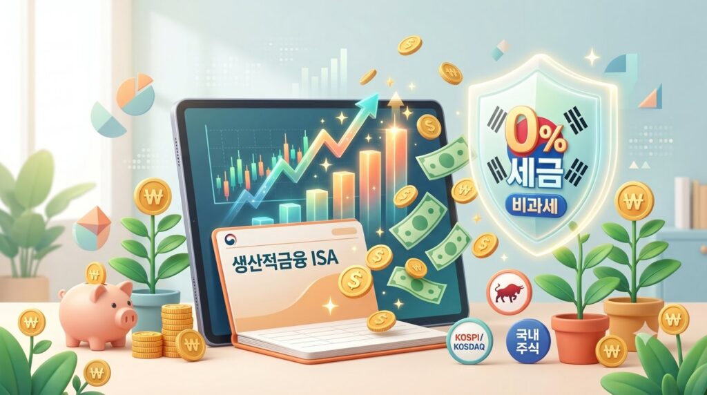 생산적금융 ISA 통장과 상승 차트, 0% 세금 비과세라고 적힌 방패를 표현한 일러스트