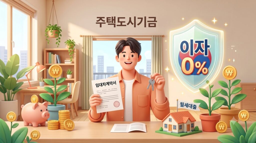 월세 대출 이자 0%라고 적힌 방패 옆에서 임대차계약서와 열쇠를 든 청년, 월세대출 깃발이 꽂힌 작은 집과 저금통을 그린 일러스트