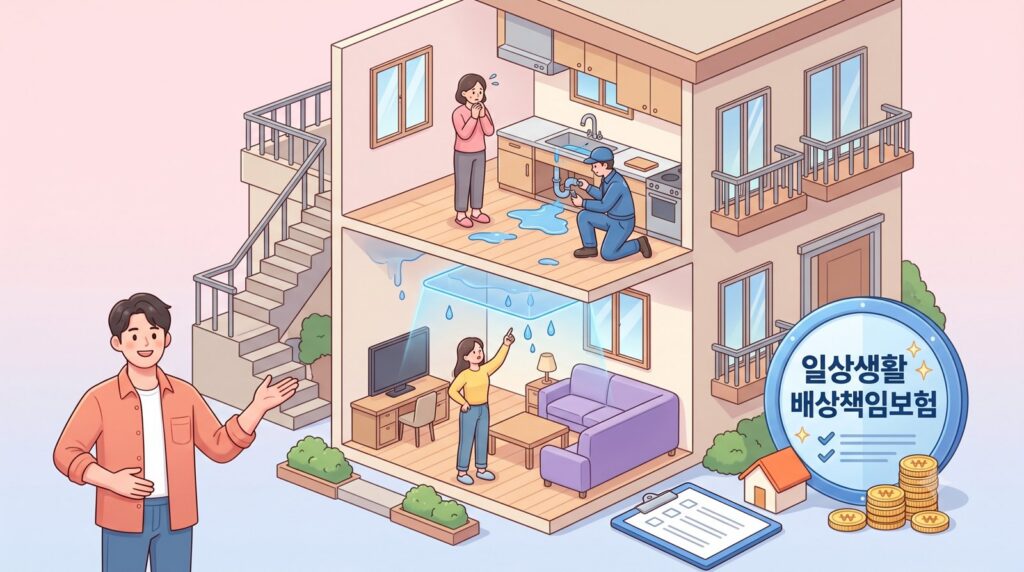 싱크대 배관을 수리하는 위층 집에서 물이 새어 아랫집 천장으로 떨어지고, 일상생활배상책임보험 마크가 보이는 단면 일러스트