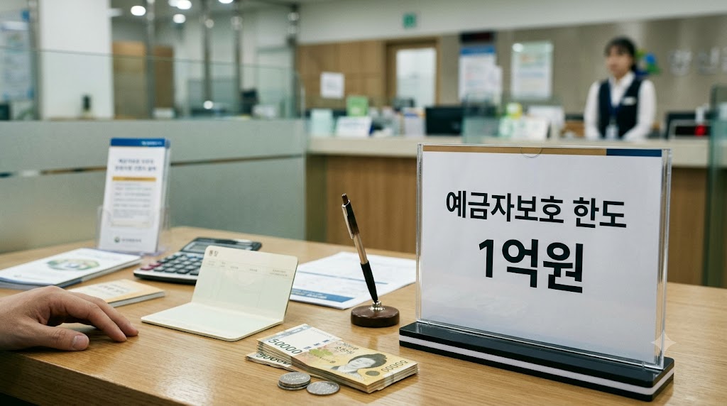 은행 창구 책상 위에 예금자보호 한도 1억원이라고 적힌 안내판과 통장, 계산기, 지폐가 놓여 있는 모습